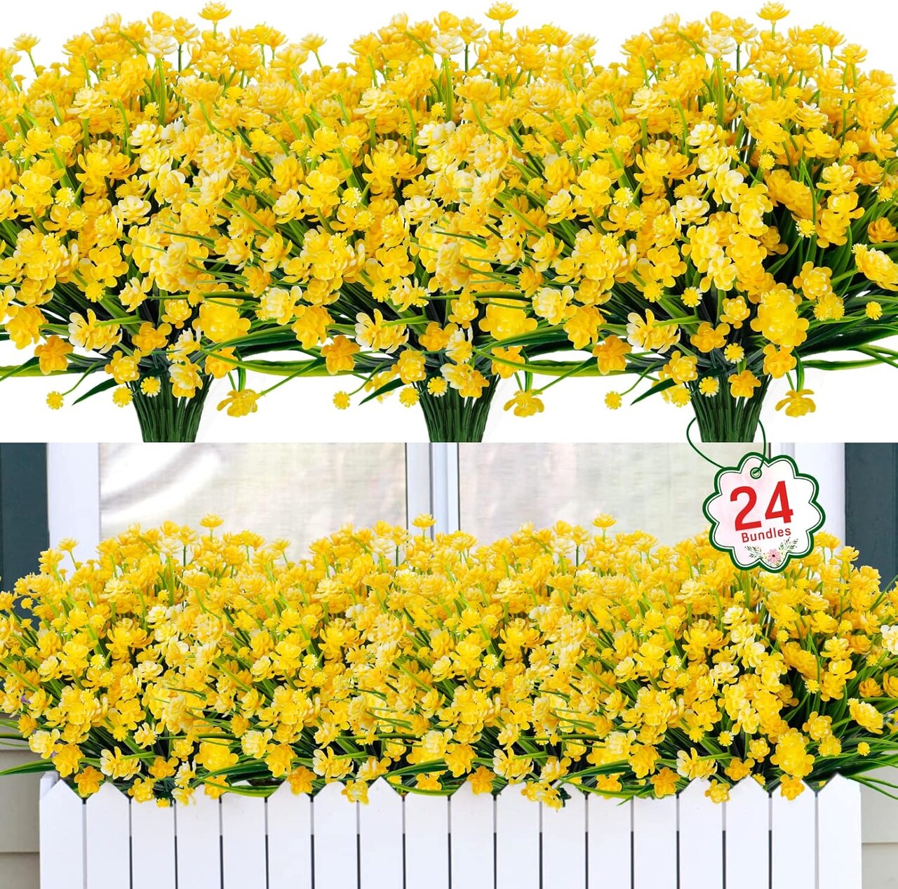 24 Bundles Artificial Flowers for Outdoors UV Resistant Fake Plastic Plants (Yellow) 0.1"D x 0.1"W x 0.1"H